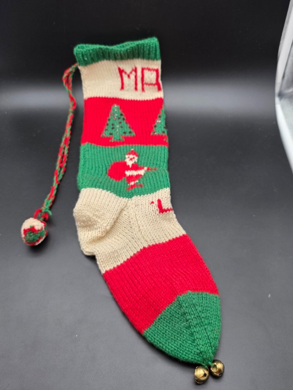 Vintage Hand Knit Christmas Stocking Santa mary 47 Sequins